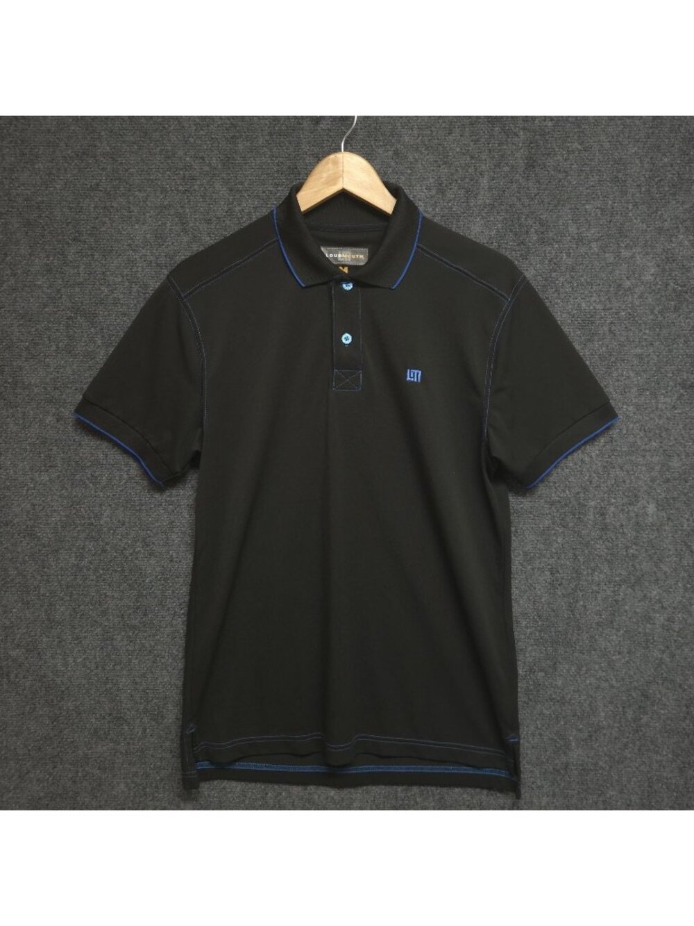 Loudmouth Golf Polo Shirt Mens Medium Black Performance Short Sleeve Blue Trim